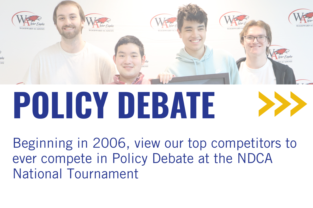Four young men smiling and posing for a photo at a policy debate event at Woodward Academy, with a banner in the background bearing the Woodward Eagles logo.