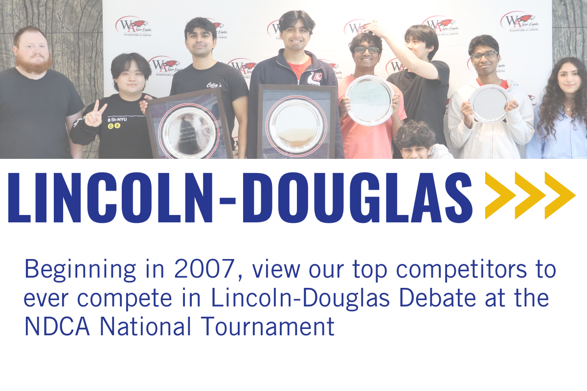 Group of students and instructor at Lincoln-Douglas debate event, holding awards, with Lincoln-Douglas banners in the background.