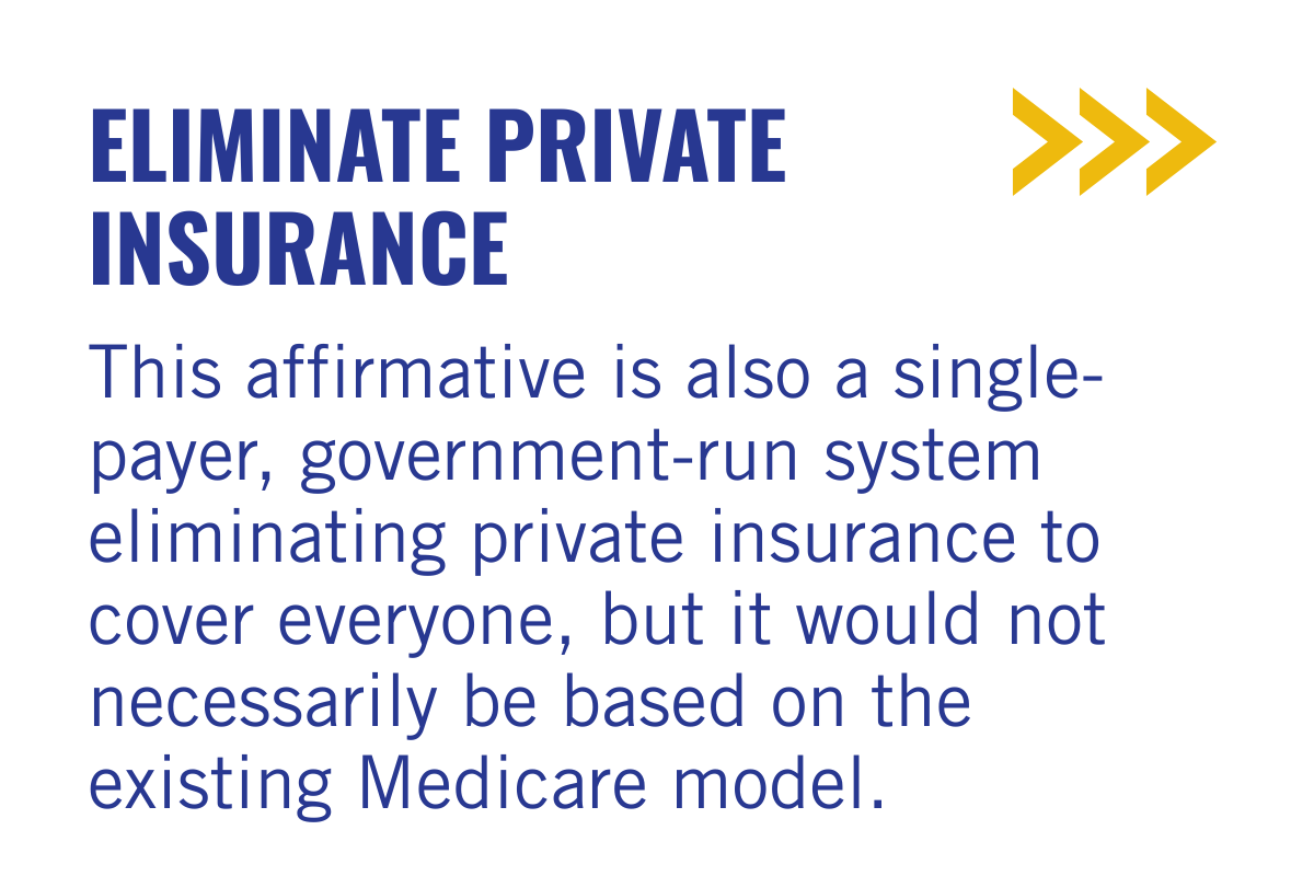 Text banner with blue and gold design. The banner reads: "Eliminate Private Insurance" followed by a paragraph explaining that this is a single-payer, government-run system that would cover everyone, not based on the Medicare model.