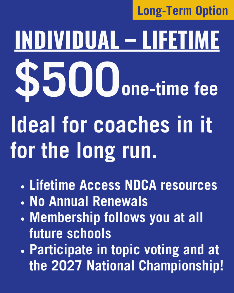 Information about a long-term coaching membership option, including a one-time fee of $500, with details about lifetime access to NDCA resources, no renewals, and participation benefits.