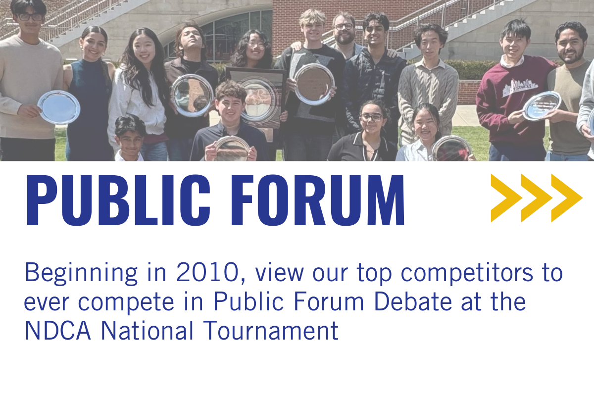 A group of students and young adults standing outdoors in front of a school building, holding awards and plaques, with a graphic overlay that says 'Public Forum' and a description about the competition starting in 2010 at the NDCA National Tournament.