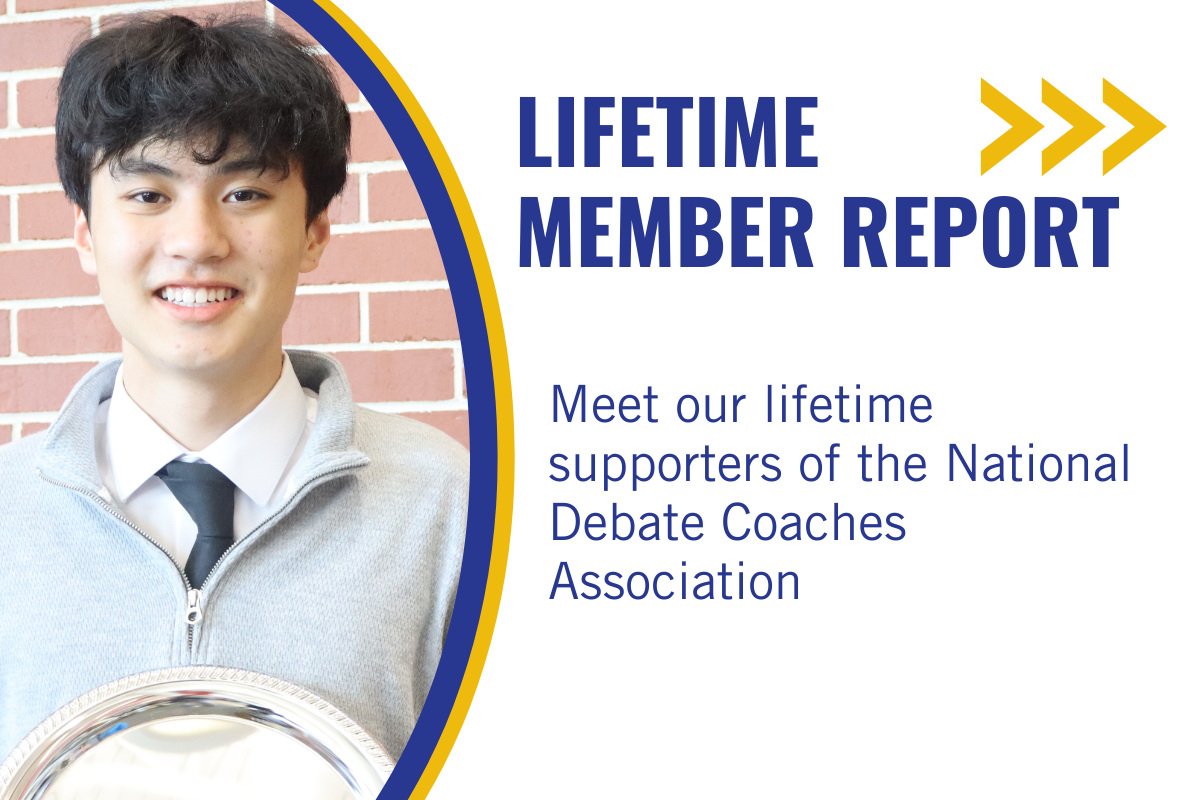 A young man smiling warmly, wearing a gray zip-up sweater over a white shirt and black tie, standing in front of a brick wall, next to a silver trophy, with text indicating it's a lifetime member report for the National Debate Coaches Association.
