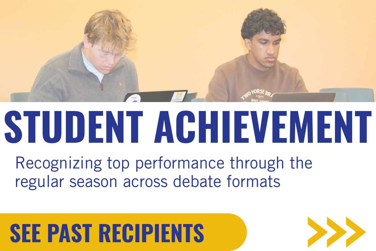 Two students sitting at desks, working on laptops, in a classroom setting, with a banner that reads "Student Achievement" and text about recognizing top performance in debate formats.