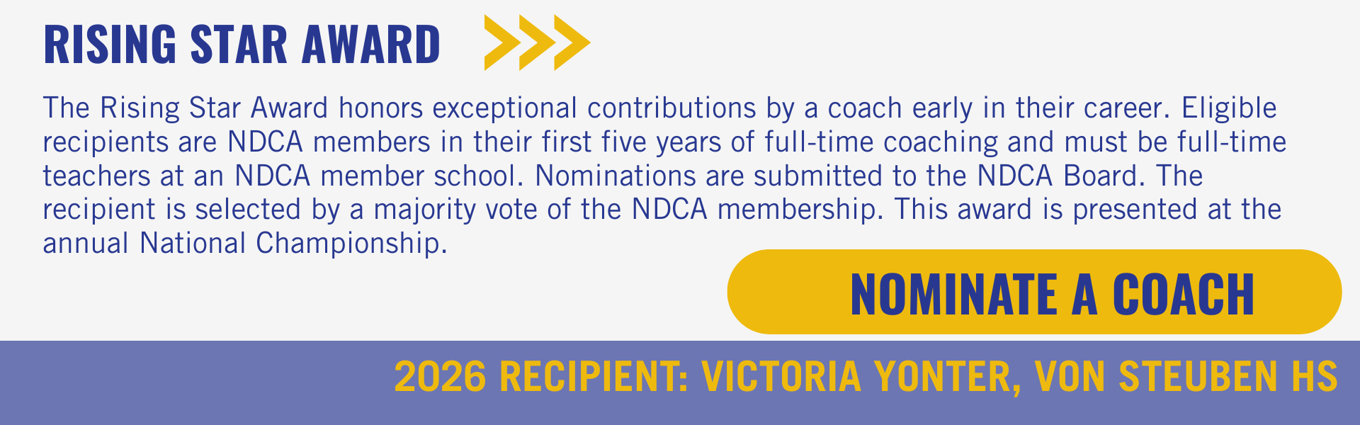 Information about the Rising Star Award, including a prompt to nominate a coach, with the 2026 recipient being Victoria Yonter from Von Steuben High School.