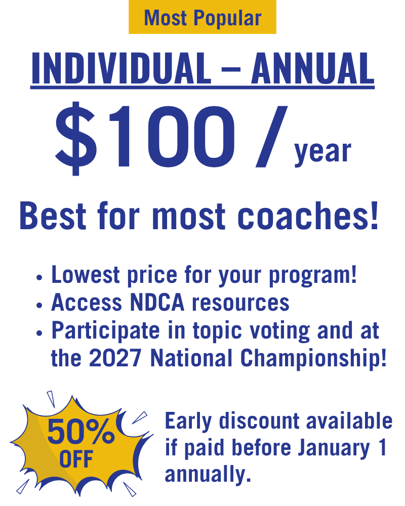 A promotional poster advertising a yearly coaching program for $100, with benefits like access to NDCA resources, voting participation, and a 50% early discount if paid before January 1.
