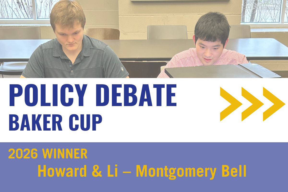 Two young students sitting at a school table, writing and reading. Overlaid text and graphics about a policy debate event.