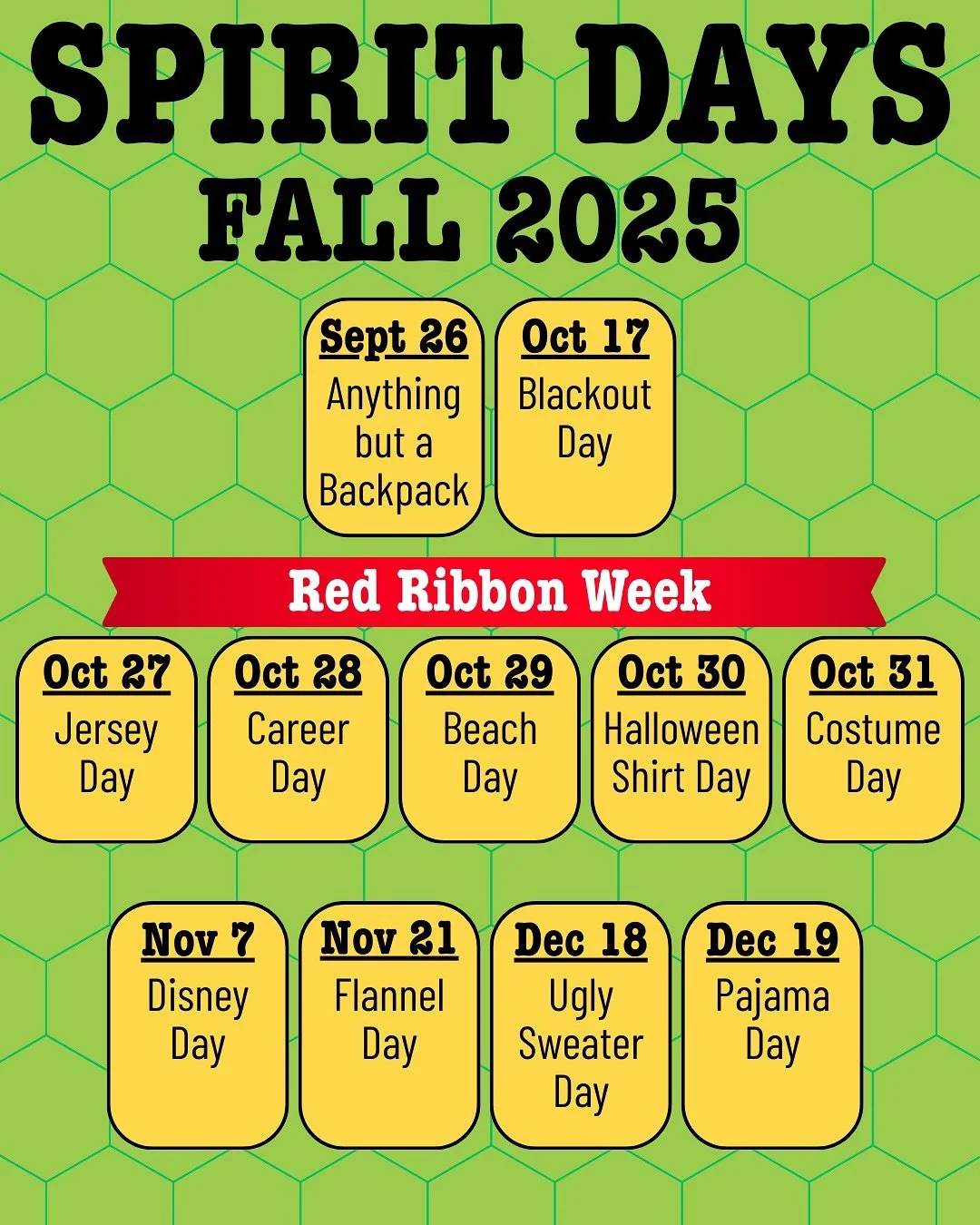 This one&rsquo;s for all the Type A parents, or the ones who want to hit up Spirit while they can for theme day gear!!

Mark your calendar for all the spirit days this year. And if you&rsquo;re interested in seeing the kiddos dressed up, there are pl