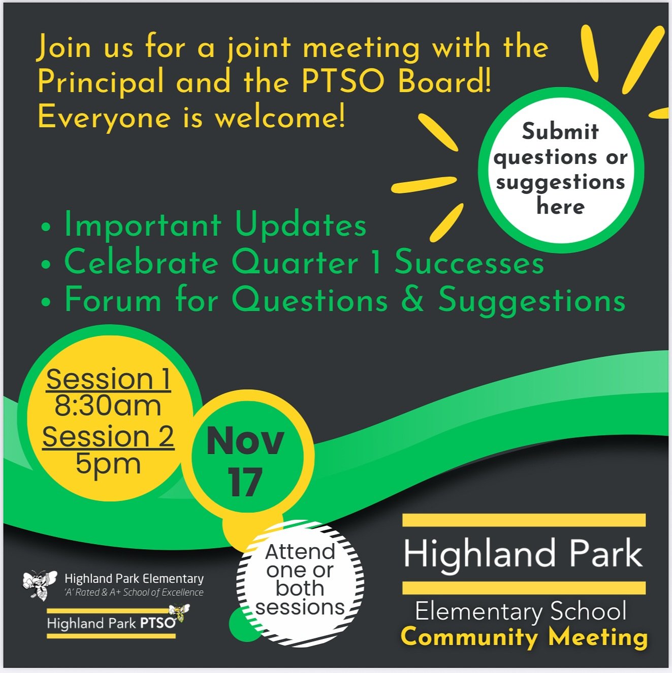 TWO opportunities next week to attend the PTSO/community meeting with Principal Failla! Submit questions, or bring them to the meetings. We&rsquo;ll be discussing all things HPE. Can&rsquo;t wait to see everyone there!