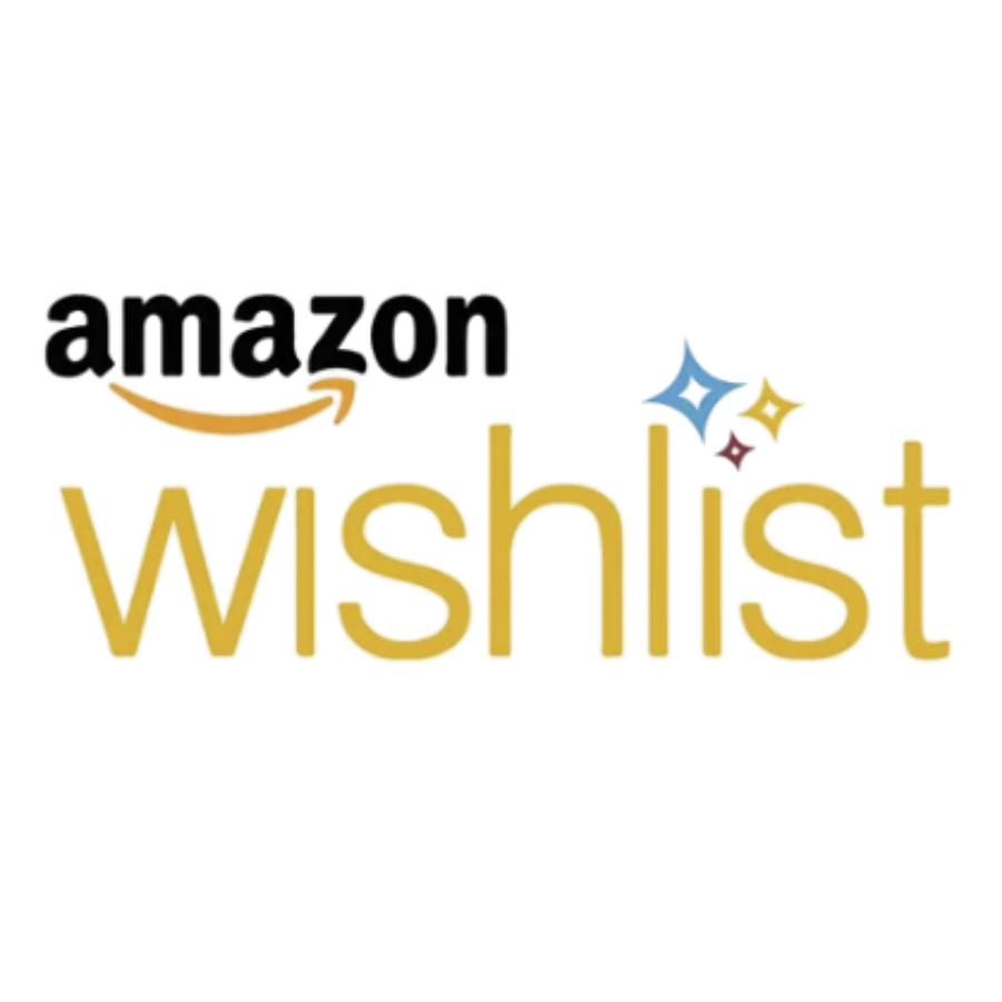 Logo for Amazon Wishlist with stylized text, small star graphics, and the Amazon smile arrow