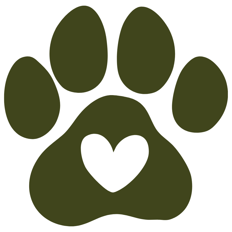 A dark green paw print with a heart-shaped pad in the center.