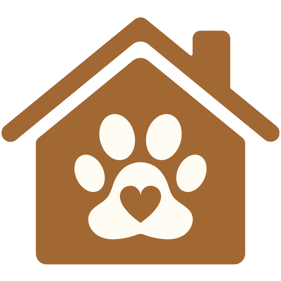 Brown doghouse with a white paw print and heart symbol on the front.