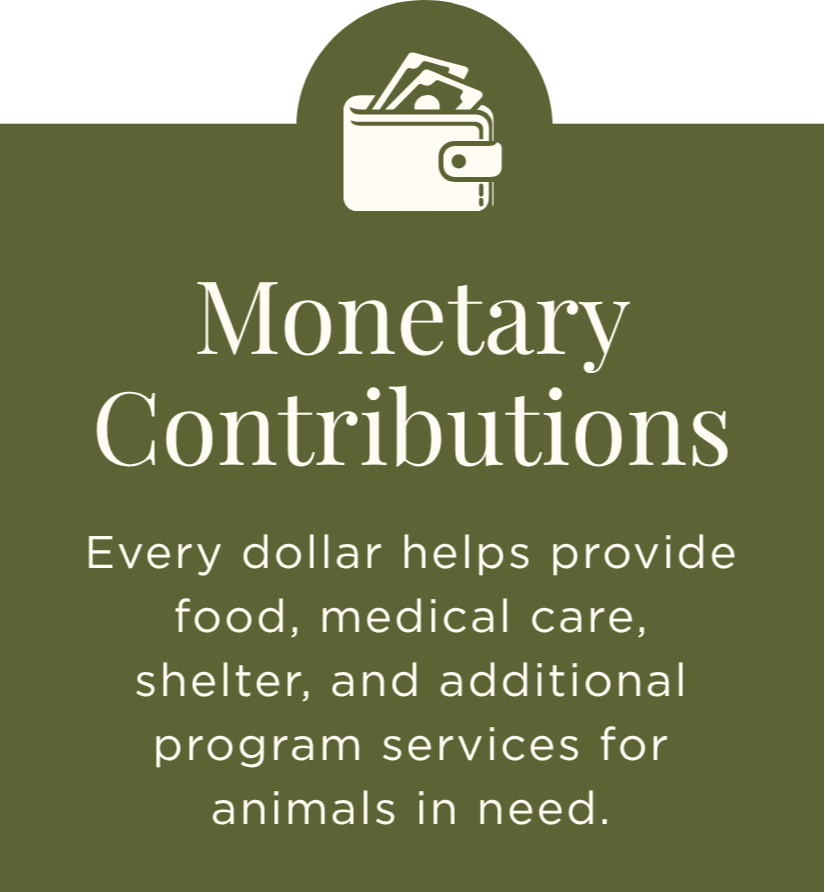 Green informational sign about monetary contributions supporting food, medical care, shelter, and programs for animals in need, with an icon of a wallet with money at the top.