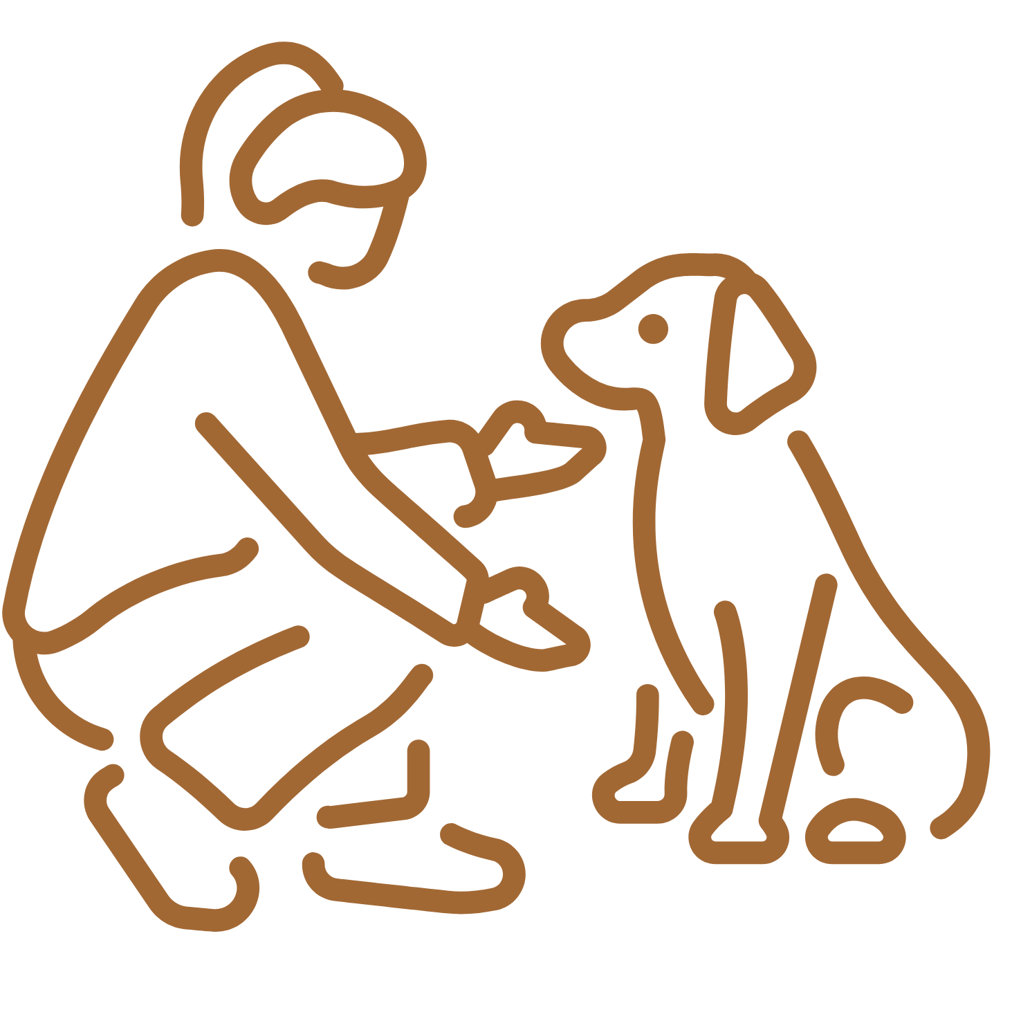 Line drawing of a woman and a dog sitting together, woman holding a bowl.