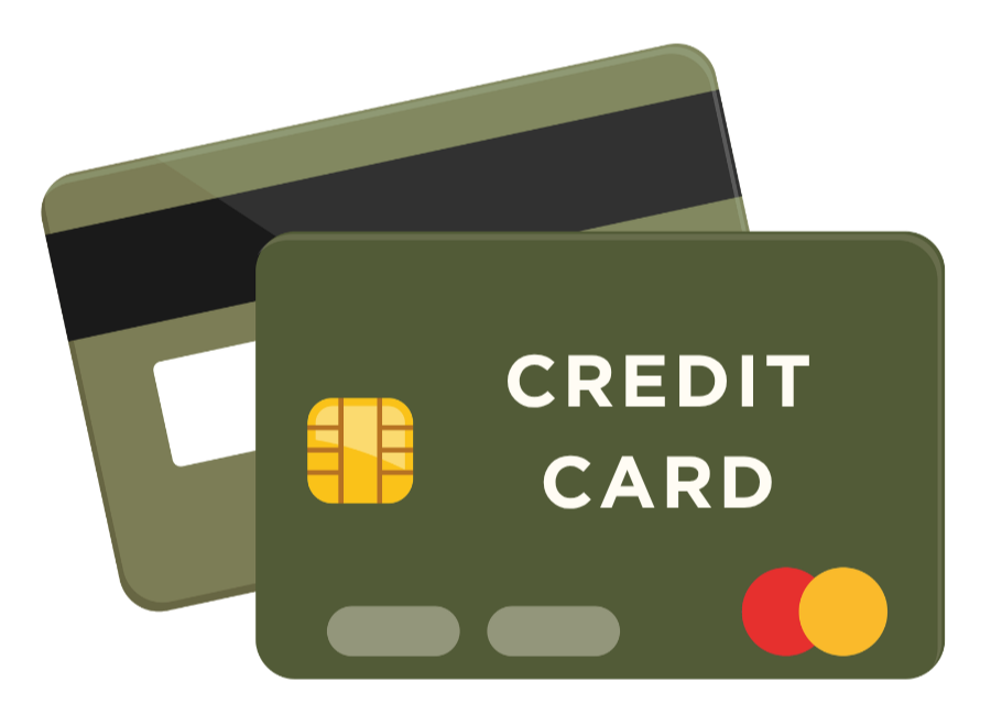 Two credit cards, one front view with EMV chip, the other back view showing magnetic strip, both in shades of green with the Mastercard logo on the front card.