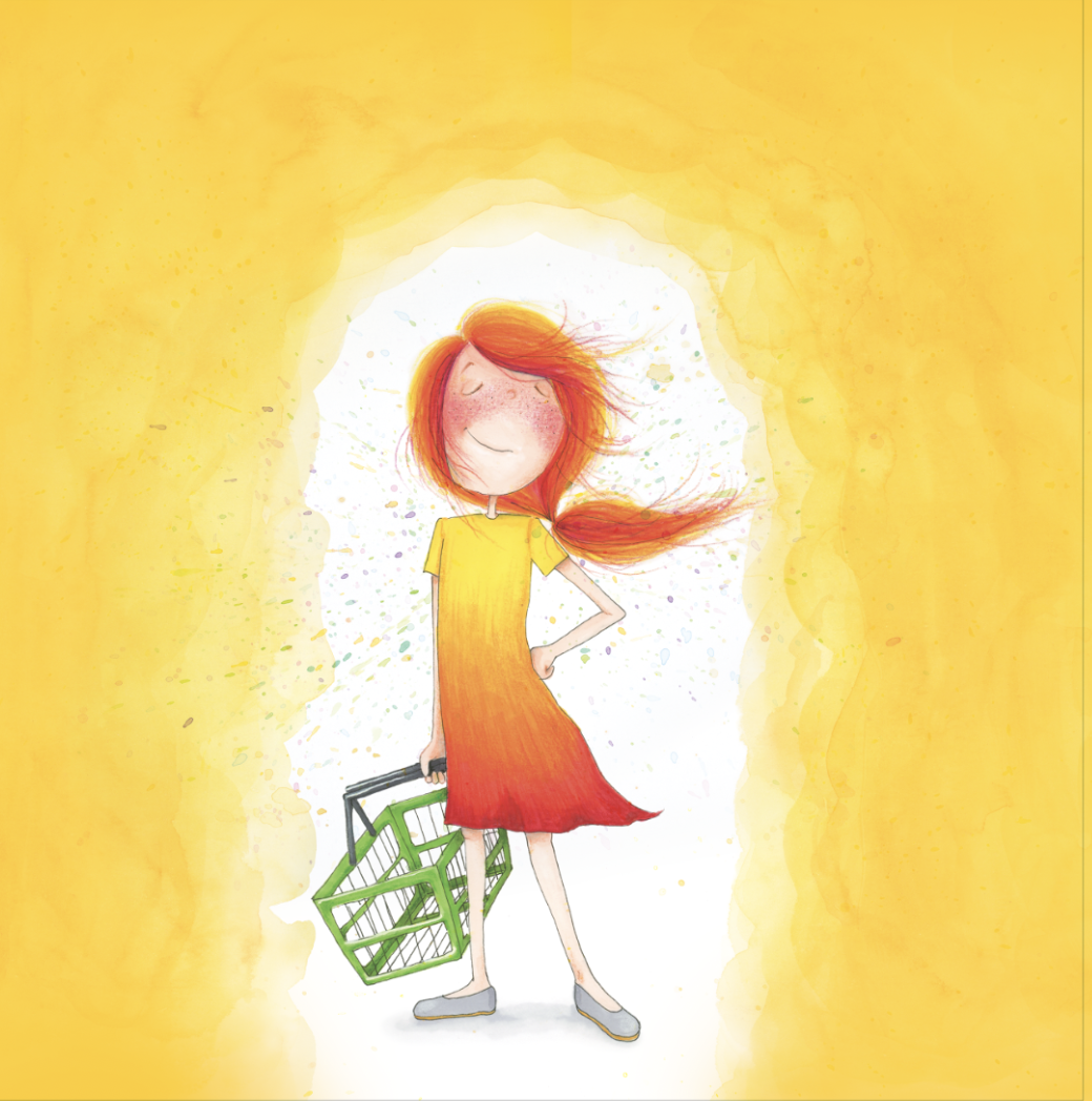 mabee triumphantly holding a green shopping basket