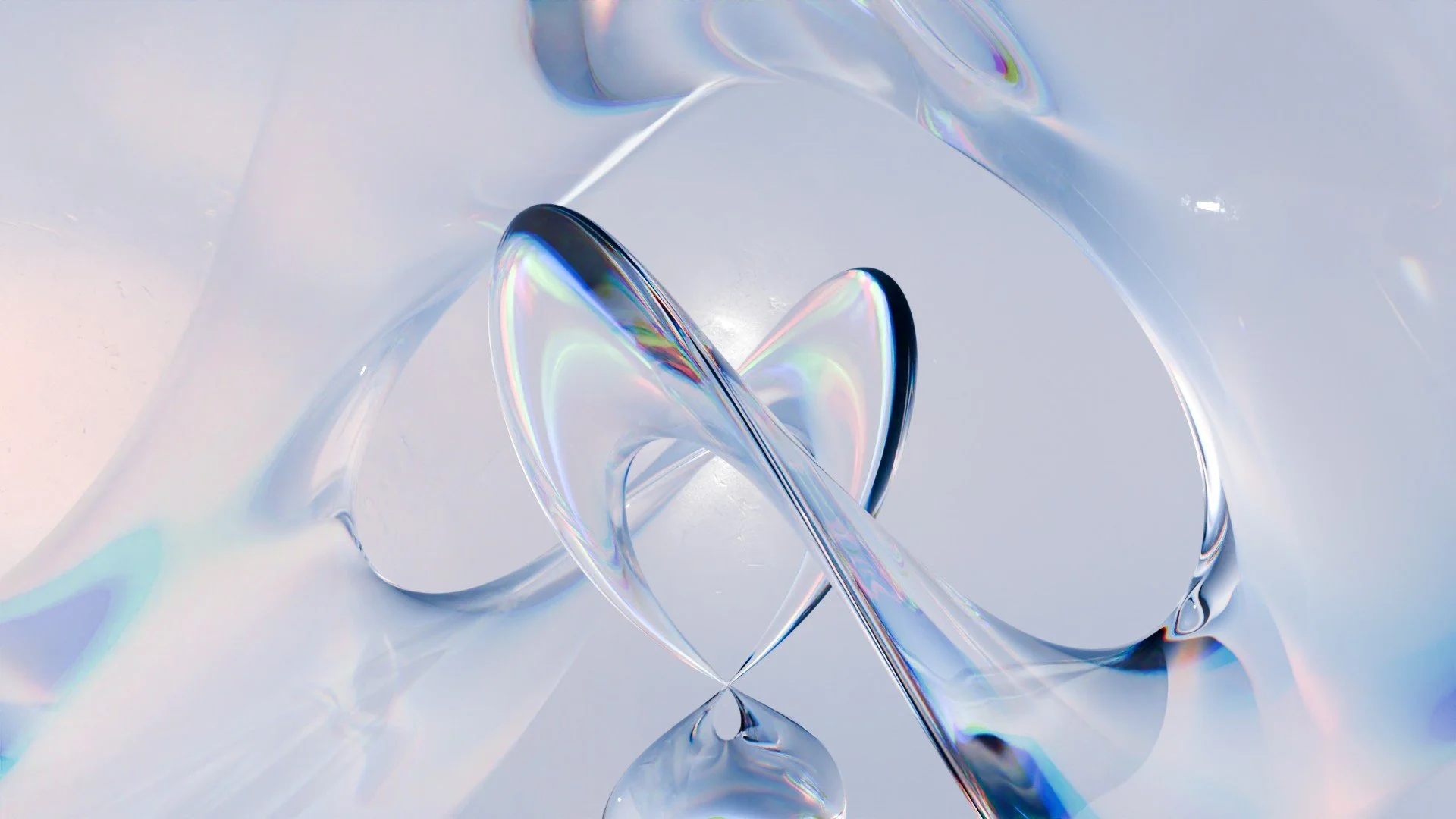 Abstracte digitale kunst met iriserende, doorzichtige vormen en lichteffecten.