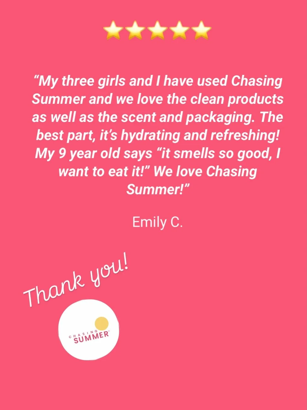 ☀️The moisturizer that you can both feel good about.  Chasing Summer was created to stop the arguments in the beauty aisles.  Education is empowering. We want tweens and teens to understand the WHY behind the ingredients. 

Thank you to all who have 