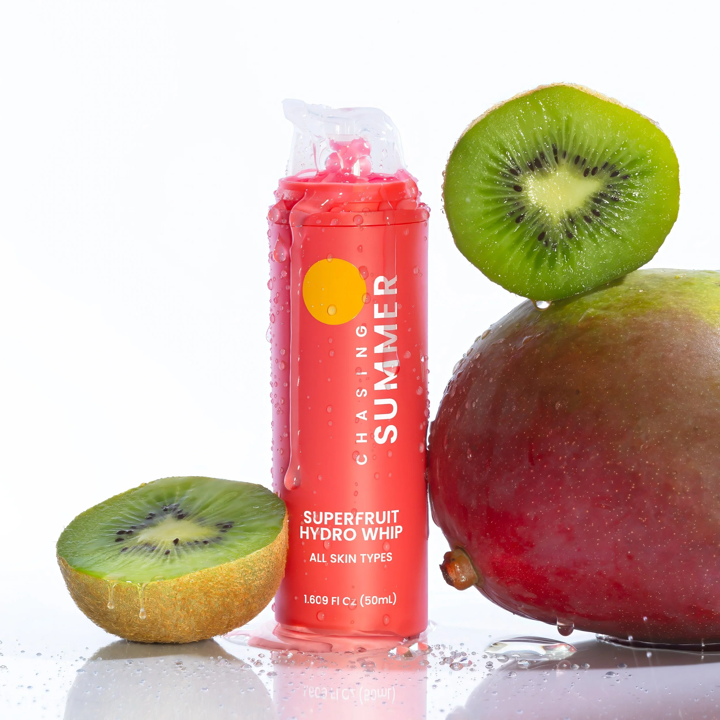 Chasing Summer Superfruit Hydro Whip hydrating moisturizer for teens, pink pump bottle with mango and kiwi superfruits