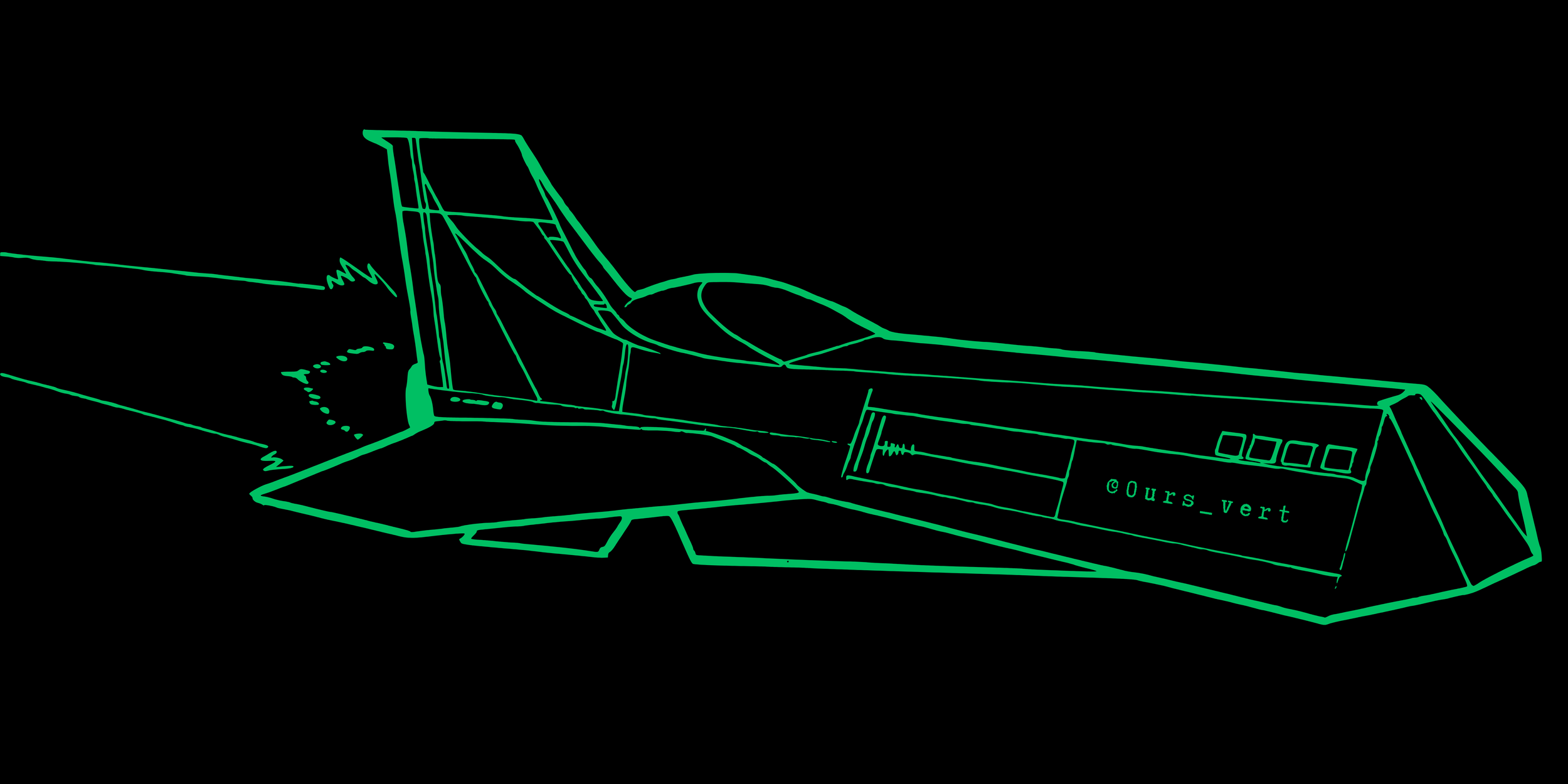 Illustration en ligne d’un avion futuriste avec un cockpit et une tourelle de contrôle. Le dessin est en style de ligne verte sur fond noir, avec la mention '@Ours_vert' sur la façade de l’avion.
