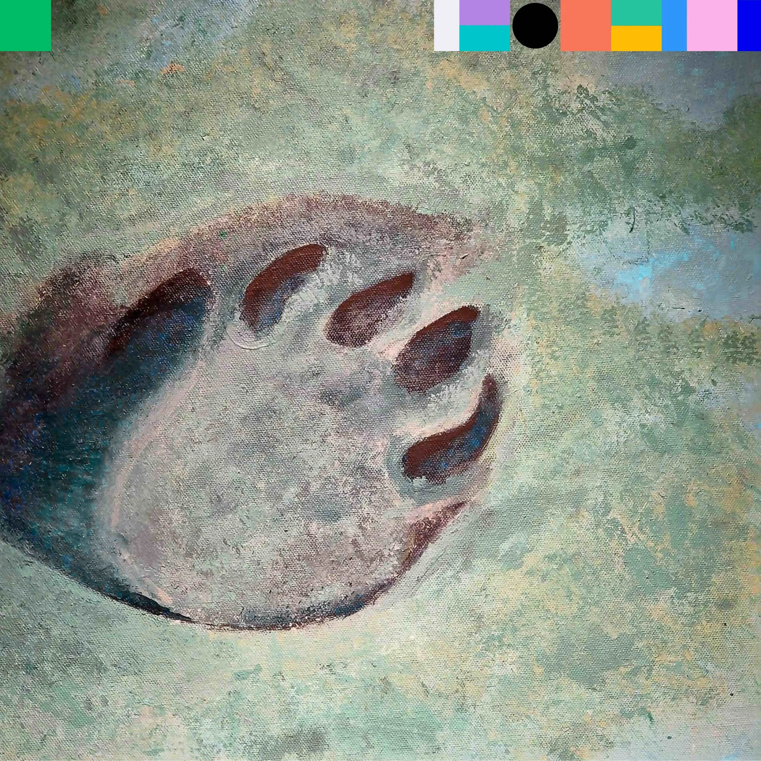 Main de couleur claire avec cinq doigts visibles, vue de dessus, peinture avec texture visible, fond indéfinissable avec couleurs vertes, bleues et roses.