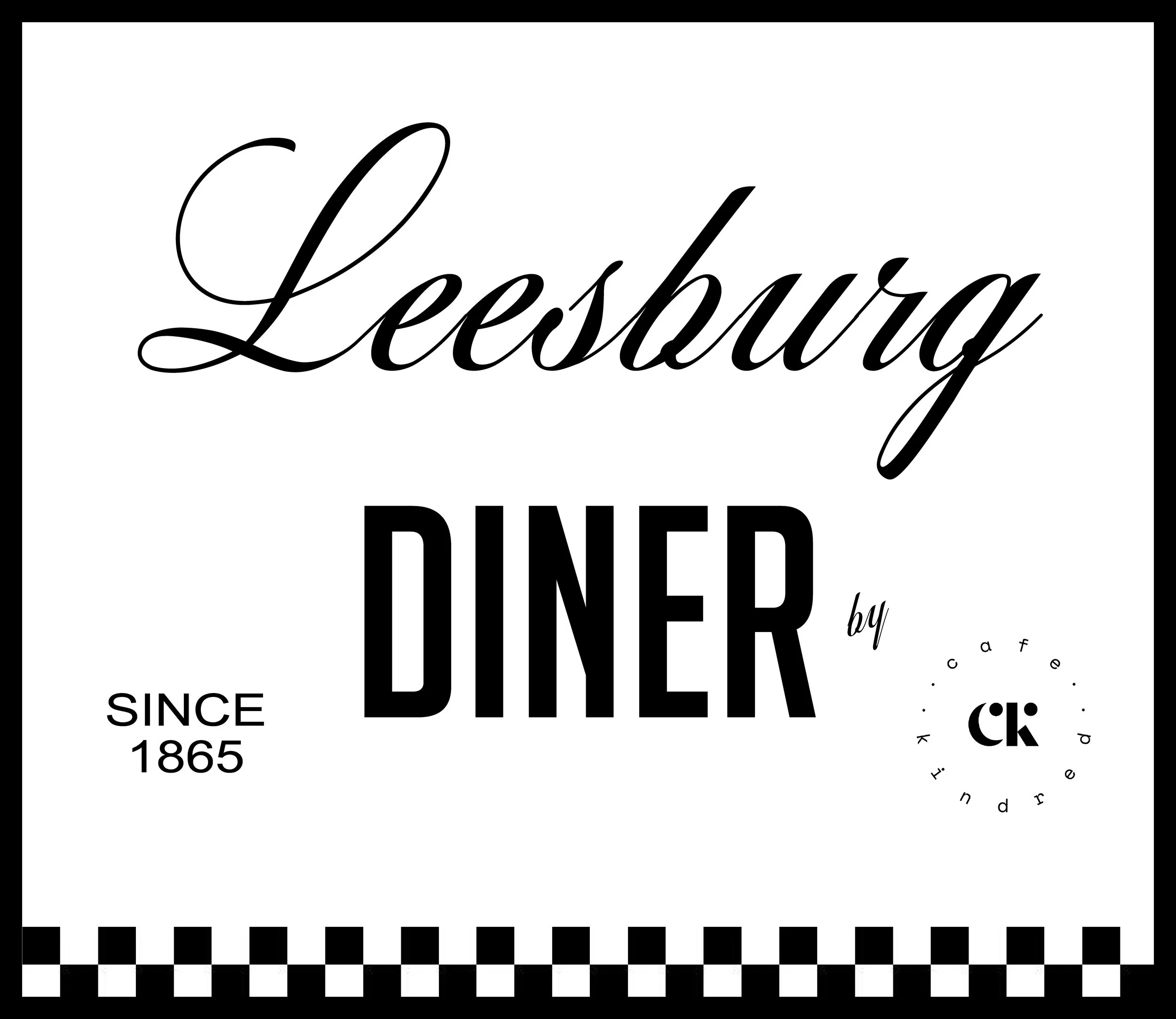 Black and white race photo with striped finish line at the bottom, text that reads "Leesburg River" and "since 1865", and a circular pattern of scattered letters on the right side.