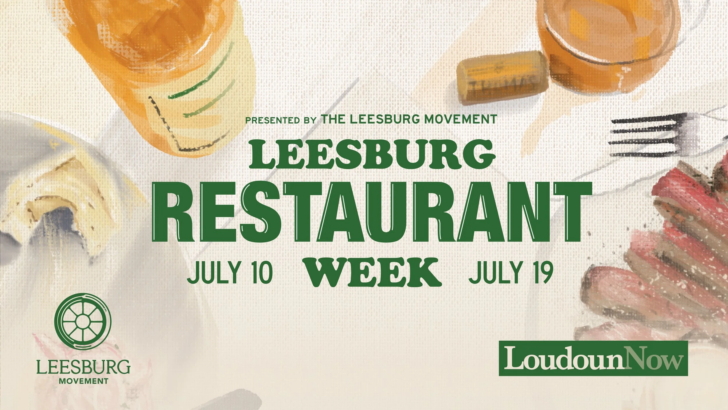 Event poster for Leesburg Restaurant Week, presented by the Leesburg Movement, from July 10 to July 19, with illustrations of food and a lemon.