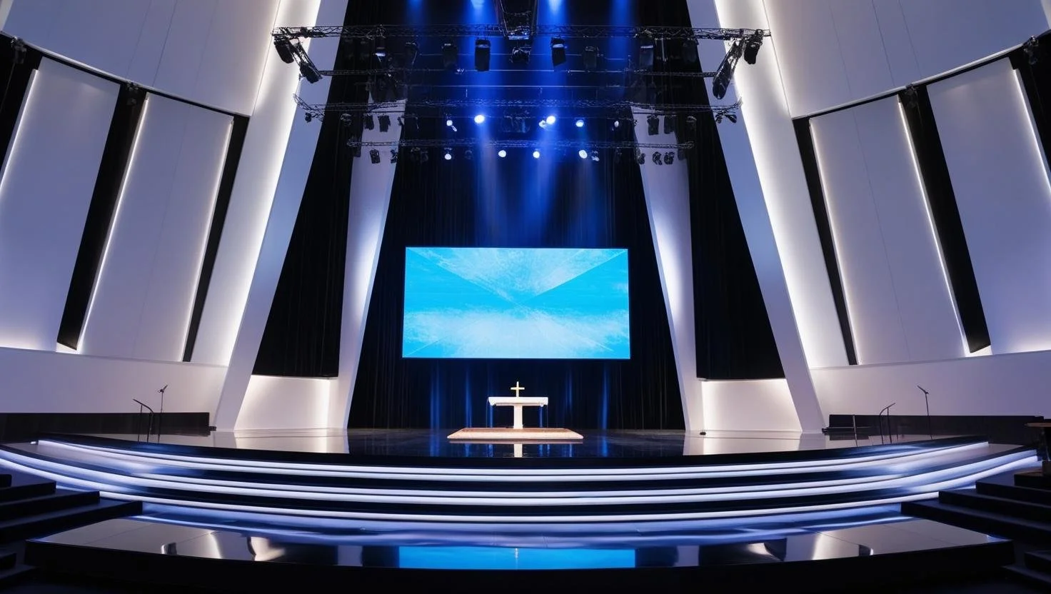 LED Video Hanging in a modern church with Blue Wash Lights. The stage and background is black.jpg