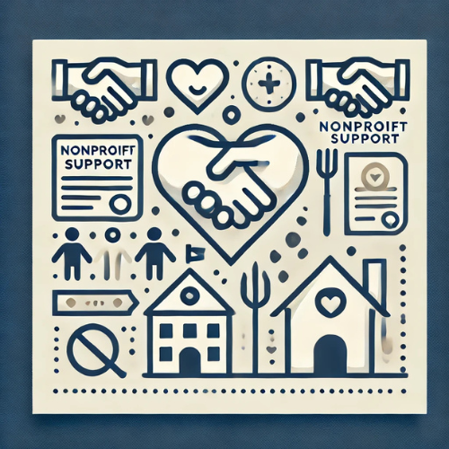 Illustration showing nonprofit support symbols including handshake, heart, documents, people, arrows, buildings, and icons representing charity and help.