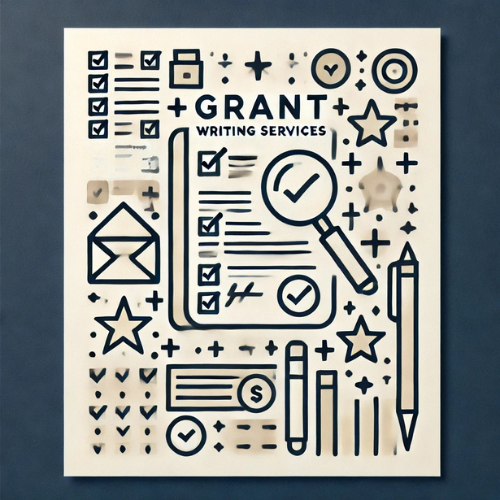 Illustration of various icons related to grant writing services, including a checklist, magnifying glass, pen, envelope, and stars, with the words 'Grant Writing Services' in the center.