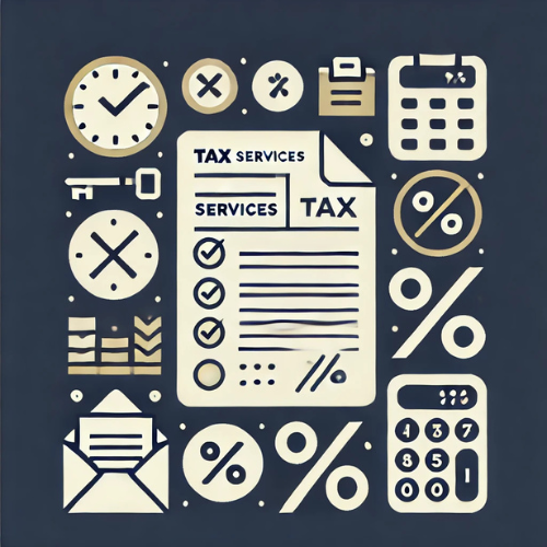 Illustration of tax services concept with tax forms, calculator, clock, percentage symbols, envelope, graphs, and calendar.