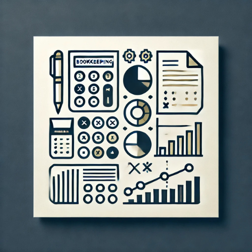 Financial and bookkeeping illustration with calculator, pie charts, graphs, and pen on a beige background.