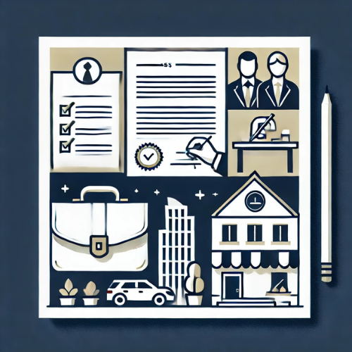 Illustration depicting elements of business and real estate. Features include a checklist with checkmarks, a contract being signed, two businesspeople, a briefcase, a building, a car, and a storefront. A pencil is placed next to the image.