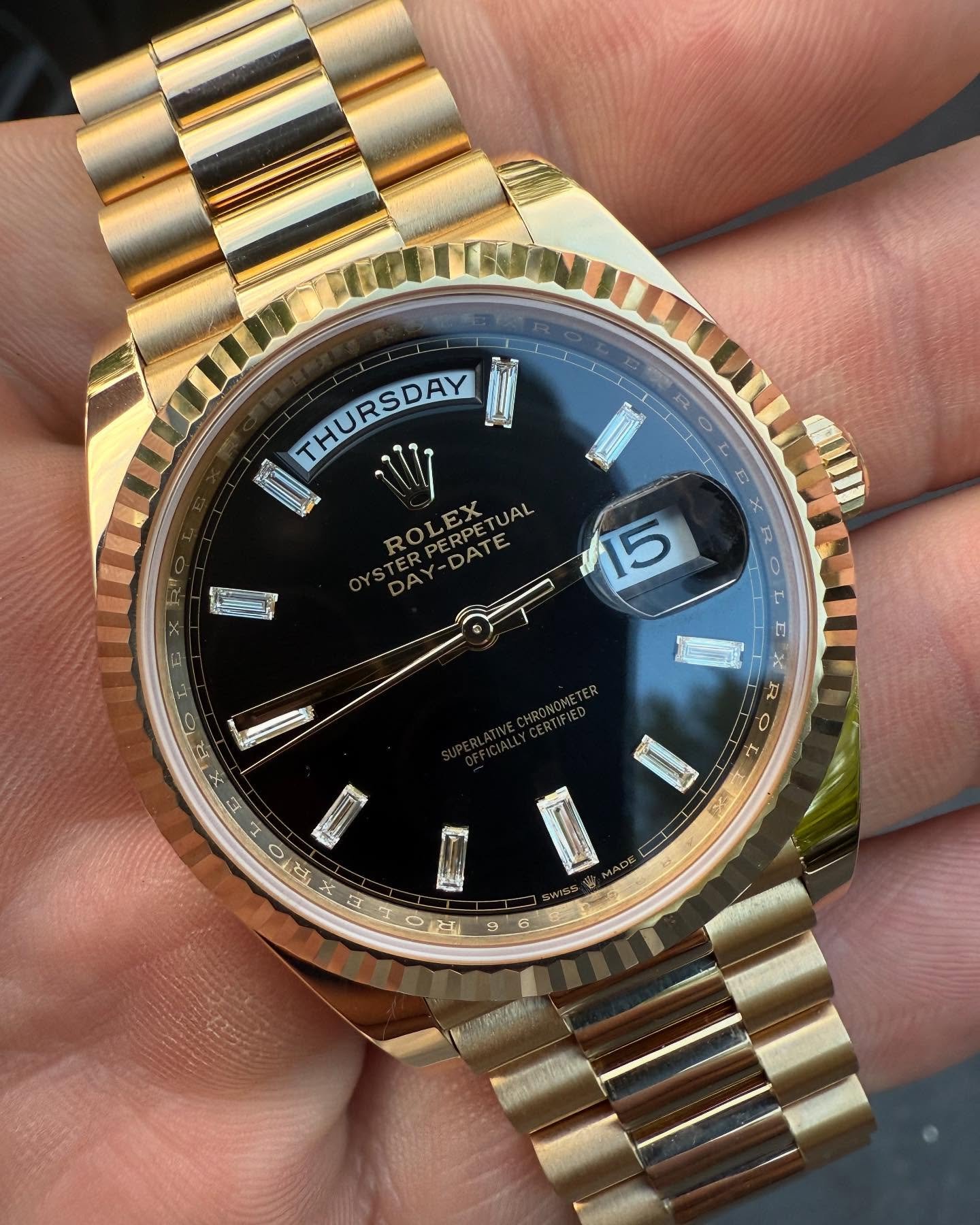 Rolex DayDate 40 
Ref: 228238 Black Baguette
Price: Sold
Condition: Mint
Includes: Full set

Dm to inquire about more of these. This configuration is uncommon but we have access to more.