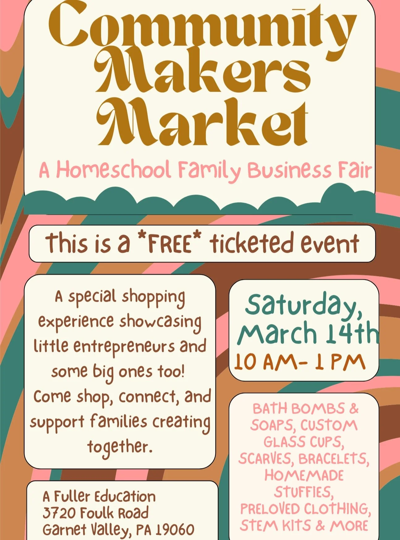 🎉🛍️ Community Makers Market 🛍️🎉

Come SHOP at our market on Saturday, March 14th from 10 AM&ndash;1 PM, where kids and parents alike will be selling a variety of homemade items! 

Come out and support our little entrepreneurs (and some big ones t