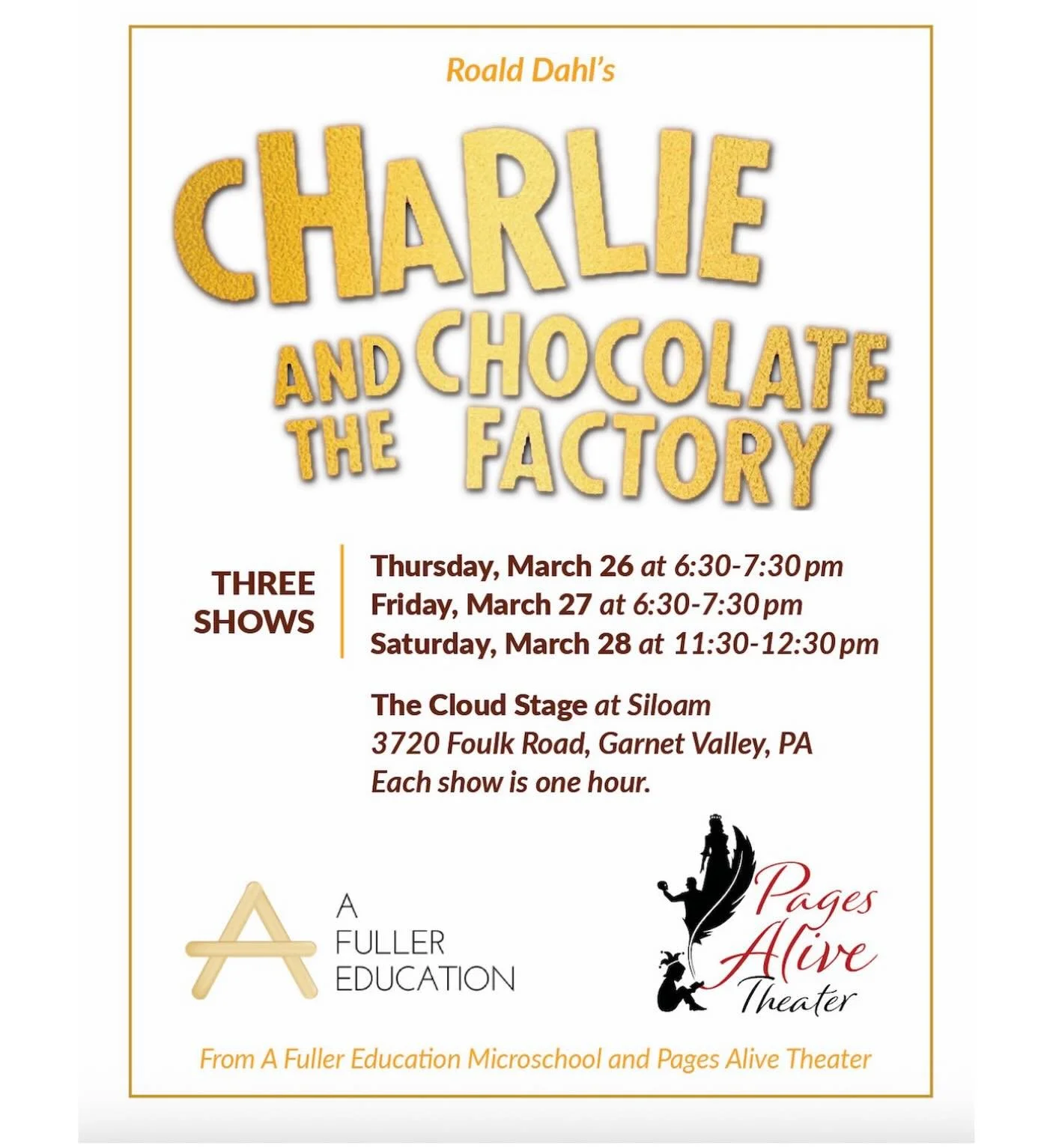 🍫 A golden ticket awaits&hellip;

Join us for a Pages Alive production of Charlie and the Chocolate Factory!

Follow Charlie Bucket on a magical journey inside Willy Wonka&rsquo;s mysterious chocolate factory&mdash;where surprises, laughter, and a f