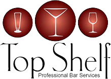 Icons of three red drink glasses and the text 'top shelf' in a decorative font