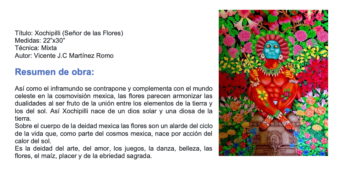 Colorful painting of Xochipilli, the Aztec god of flowers, seated amidst vibrant flowers and greenery in a Mexican folk art style.