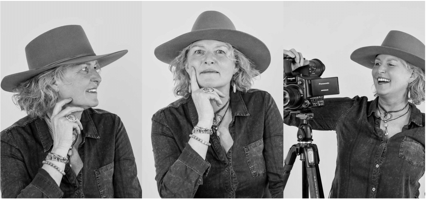 Black and white photo of a woman in three different poses wearing a wide-brimmed hat and denim jacket. In the first pose, she is looking to the side with her hand near her chin. In the second pose, she is looking directly at the camera with her hand on her face. In the third pose, she is smiling and operating a video camera on a tripod.