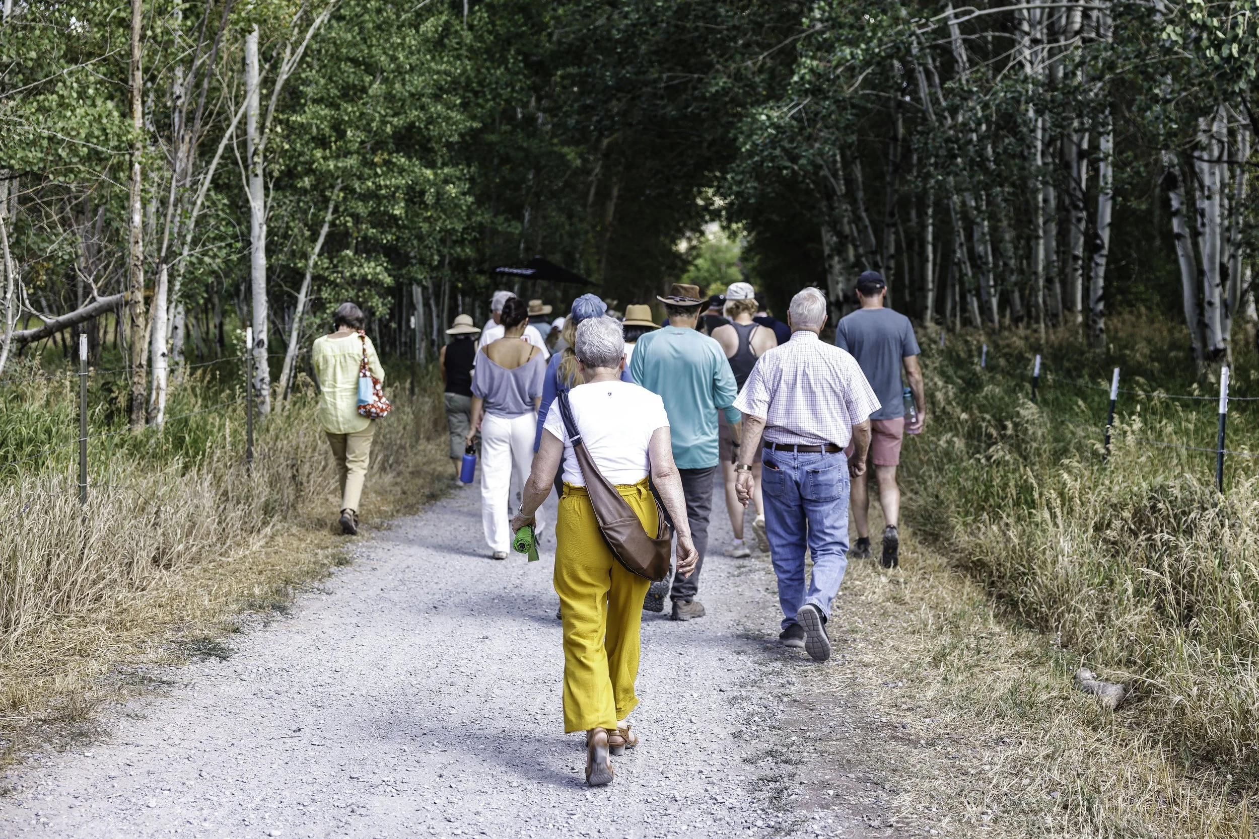 Um grupo de pessoas caminhando por um caminho de terra numa área arborizada durante o dia.