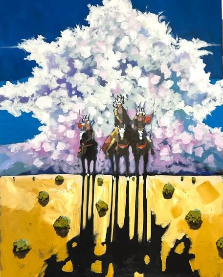 Painting of three figures riding horses in front of a large, white flowering tree on a yellow field under a blue sky.