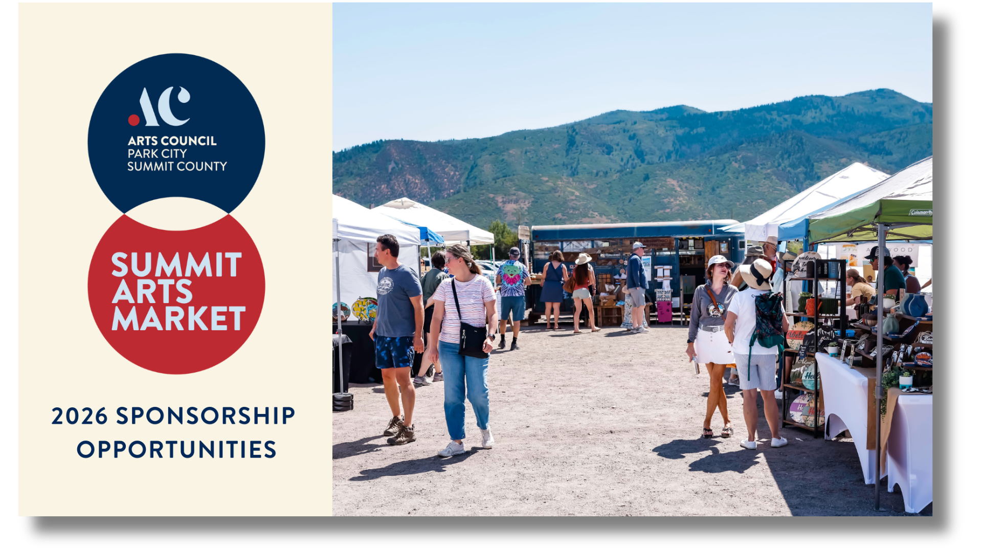 A flyer featuring the Arts Council of Park City and Summit County's Summit Arts Market, with text about 2026 sponsorship opportunities, alongside an outdoor art market scene with people browsing booths and tents set against mountains.