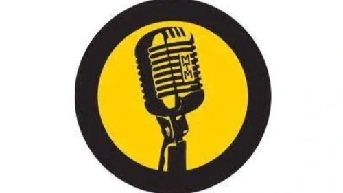 A vintage microphone icon inside a yellow circle, bordered by black.