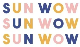 A colorful graphic with the words 'SUN WOW' repeated three times in different pastel shades of blue, pink, and yellow.