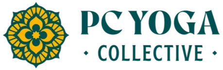 Logo for PCYOGA Collective featuring a yellow mandala design and teal text.