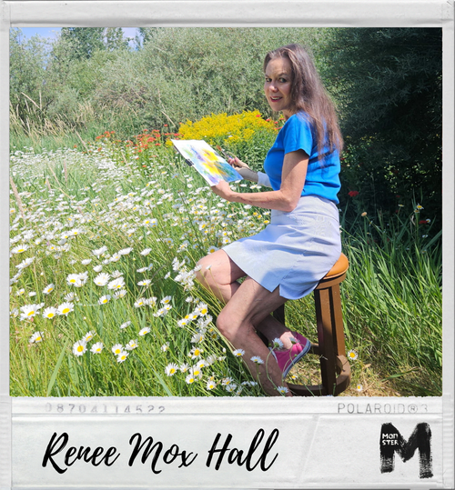 A woman sitting on a stool in a garden, holding a painting palette and brushes, surrounded by flowers and greenery.