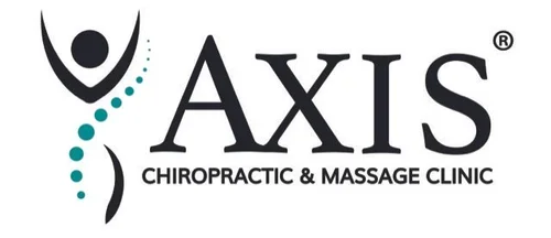 Logo for Axis Chiropractic & Massage Clinic featuring a stylized human figure made of dots and curved lines, with the name 'AXIS' and the business description underneath.