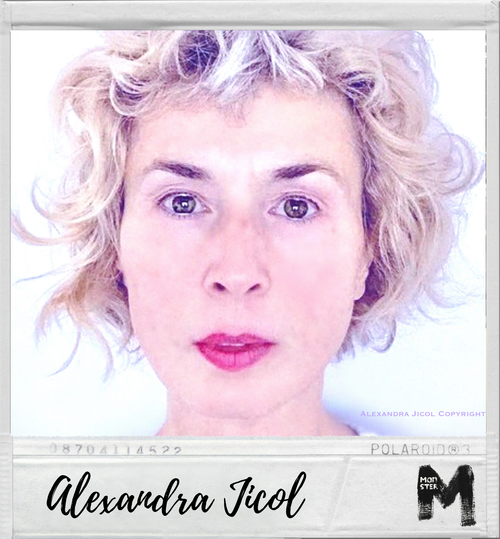 Photograph of a woman with curly blonde hair and light makeup, in a polaroid-style frame with her name, Alexandra Jicol, written in cursive, and the letter M in the bottom right corner.