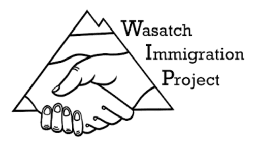 Logo of the Wasatch Immigration Project featuring a mountain outline and a handshake.