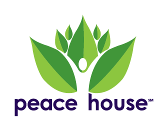 Logo featuring a stylized person with open arms inside a green leaf with the text 'peace house' below in purple.
