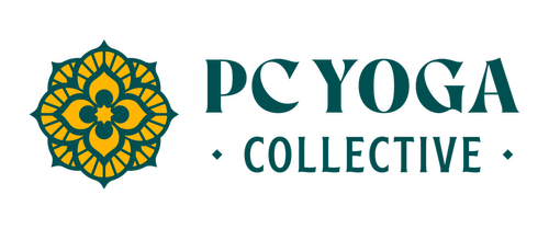 Logo for PCYOGA Collective featuring a stylized yellow mandala-like design and teal text.